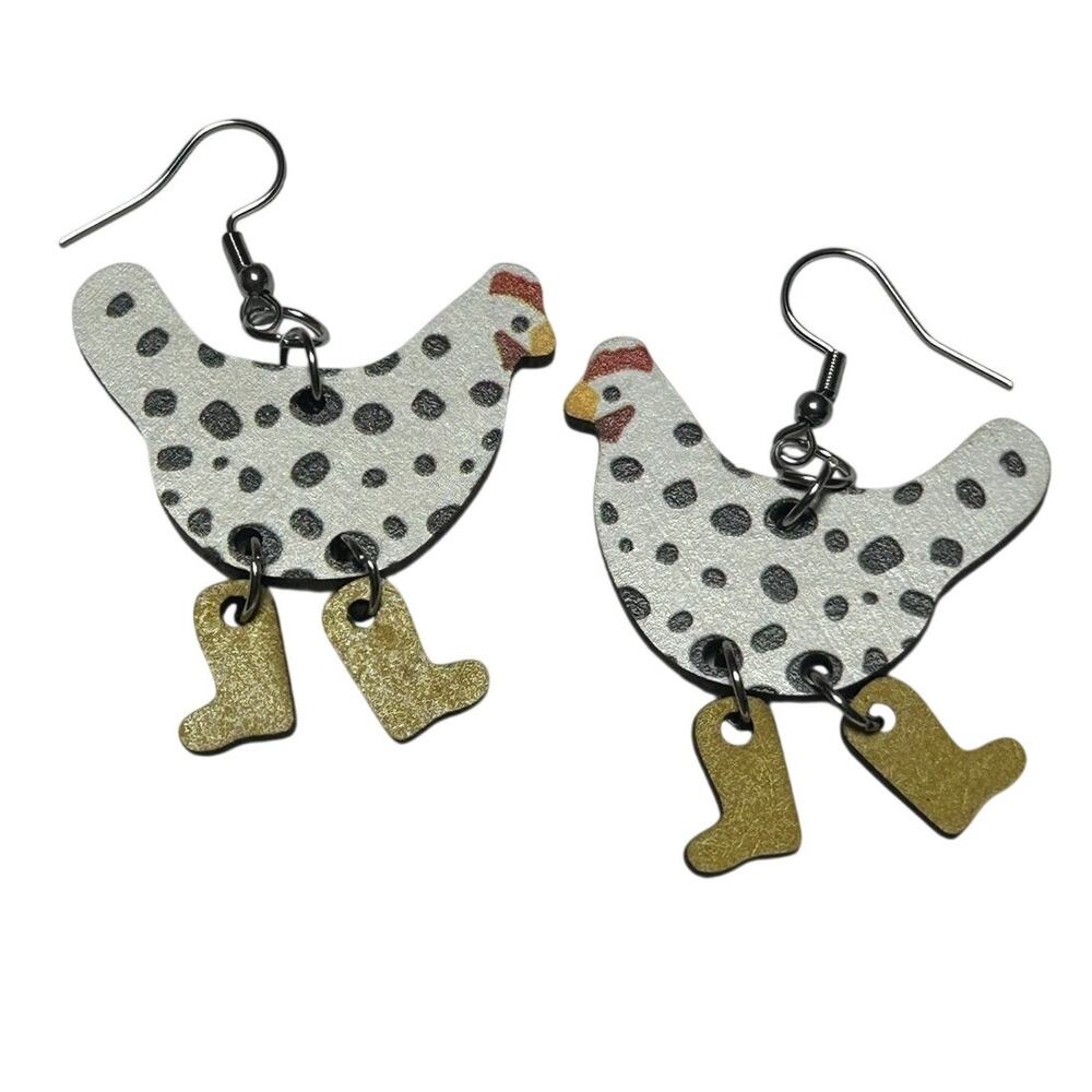 NEW Lightweight Dancing Wooden Polka Dot Chicken with Boots Dangle Wire Earrings